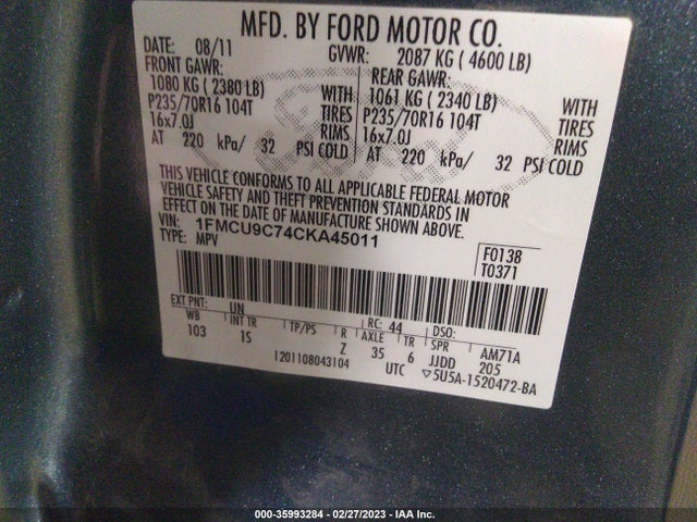 2012 FORD ESCAPE XLS VIN: 1FMCU9C74CKA45011