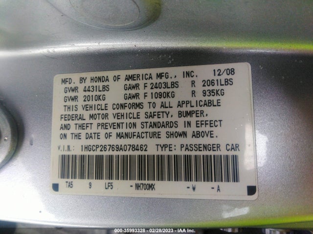 2009 HONDA ACCORD SDN EX VIN: 1HGCP26769A078462