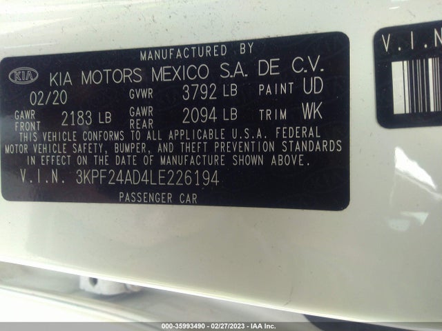 2020 KIA FORTE FE VIN: 3KPF24AD4LE226194