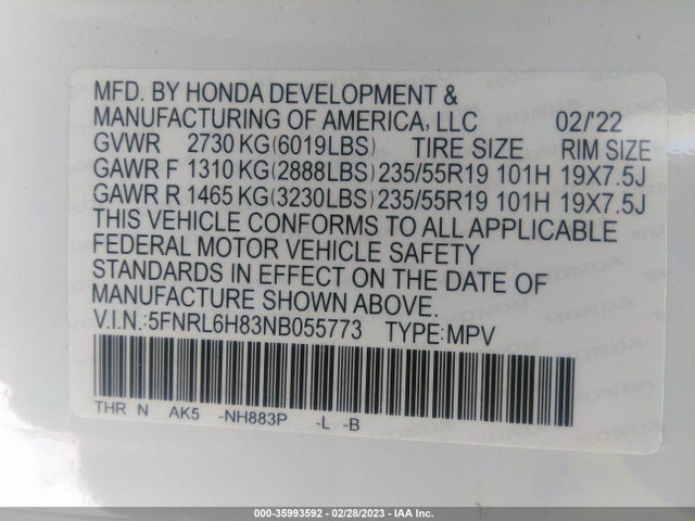 Honda Odyssey Touring 2022 5FNRL6H83NB055773 Image 11