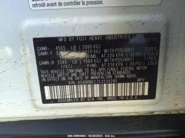Subaru Outback 2.5i Limited 2012 4S4BRBKC7C3239285 Image 9