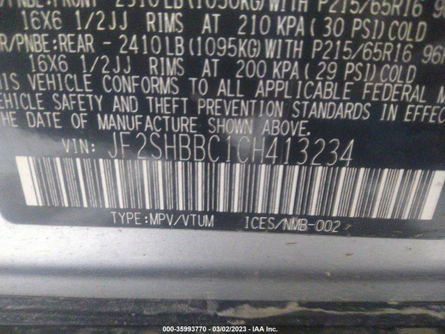 2012 SUBARU FORESTER 2.5X VIN: JF2SHBBC1CH413234