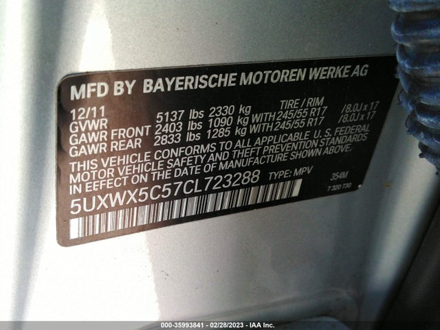 2012 BMW X3 28I VIN: 5UXWX5C57CL723288