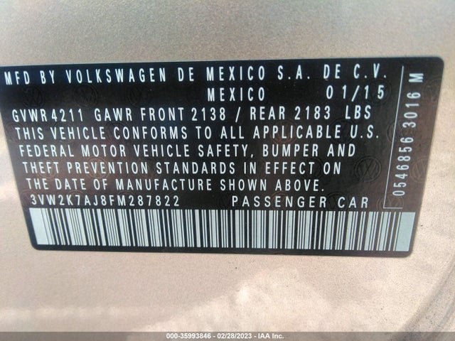 3VW2K7AJ8FM287822 Volkswagen Jetta Sedan 2.0l S W/technology