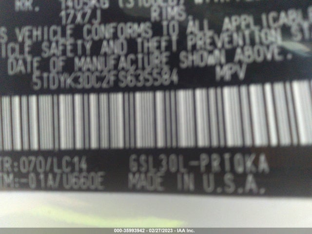 2015 TOYOTA SIENNA XLE/XLE AAS/LTD VIN: 5TDYK3DC2FS635584