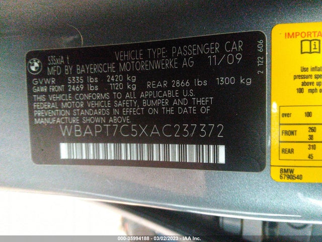 2010 BMW 5 SERIES 535I XDRIVE VIN: WBAPT7C5XAC237372