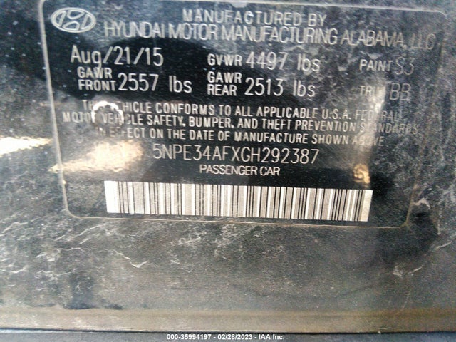 2016 HYUNDAI SONATA 2.4L SPORT VIN: 5NPE34AFXGH292387