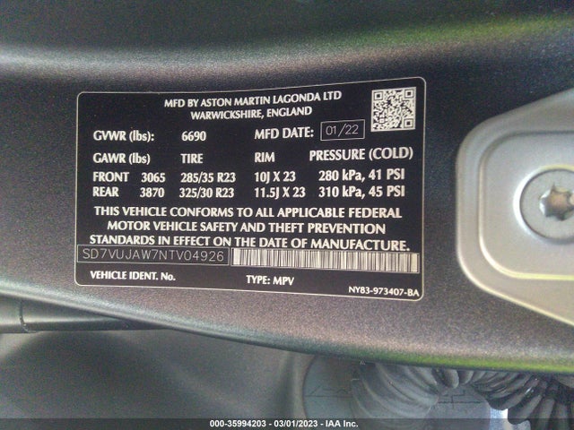 2022 Aston Martin DBX, VIN: SD7VUJAW7NTV04926