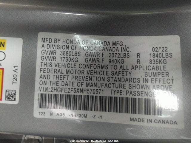 2022 HONDA CIVIC SEDAN SPORT VIN: 2HGFE2F5XNH570571