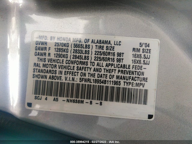 2004 HONDA ODYSSEY EX-L VIN: 5FNRL18954B111965