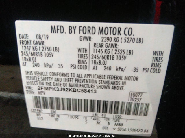2019 FORD EDGE SEL VIN: 2FMPK3J92KBC58413