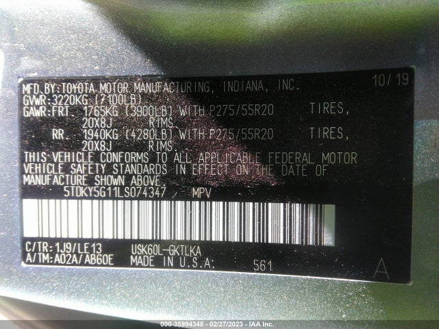 2020 Toyota Sequoia, VIN: 5TDKY5G11LS074347