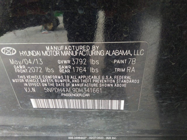 2013 HYUNDAI ELANTRA GLS VIN: 5NPDH4AE9DH341661