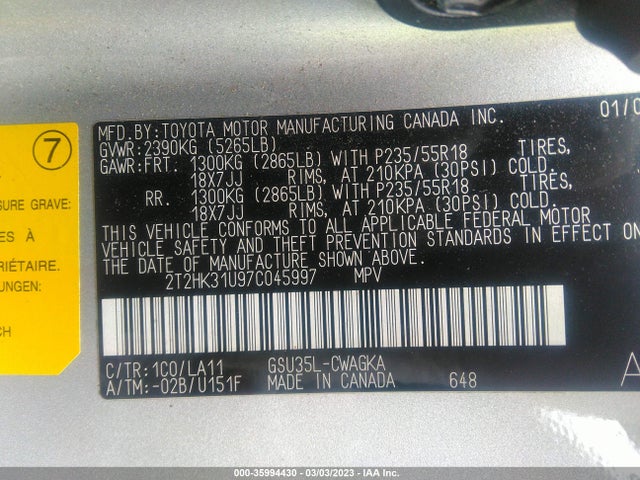 2007 LEXUS RX 350 VIN: 2T2HK31U97C045997