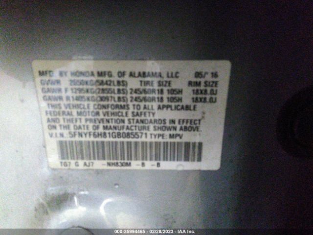 5FNYF6H81GB085571 Honda Pilot Ex-l