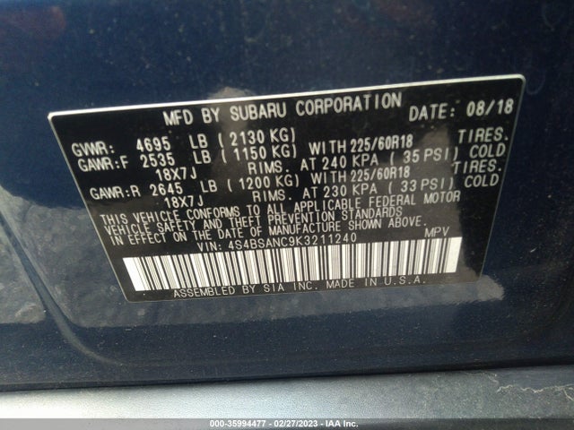 2019 Subaru Outback, VIN: 4S4BSANC9K3211240