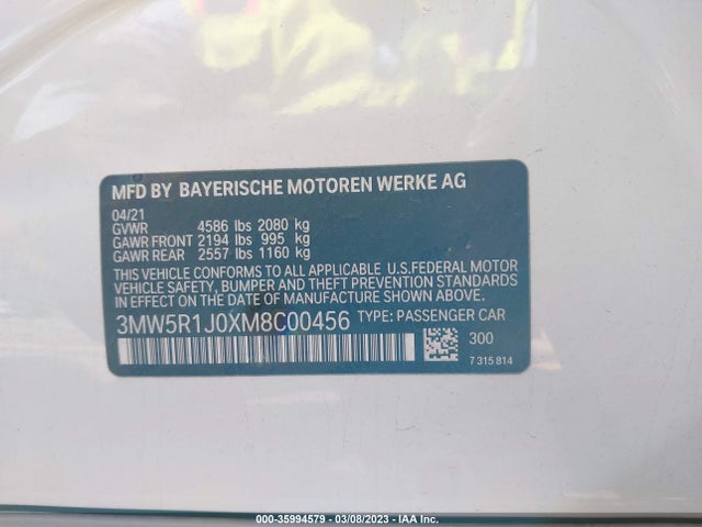 BMW 3 Series 330i 2021 аукцион фото