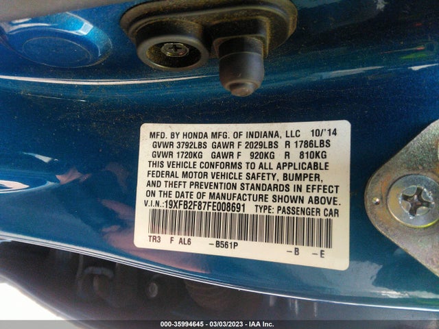 Honda Civic Sedan Ex 2015 19XFB2F87FE008691 Image 10