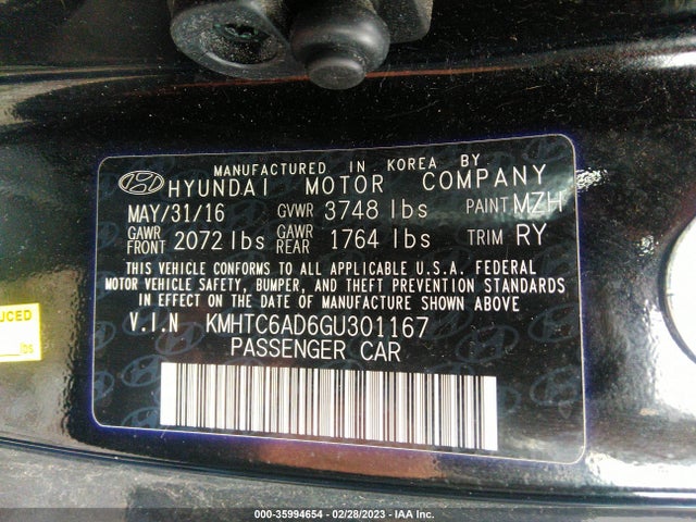 2016 HYUNDAI VELOSTER VIN: KMHTC6AD6GU301167