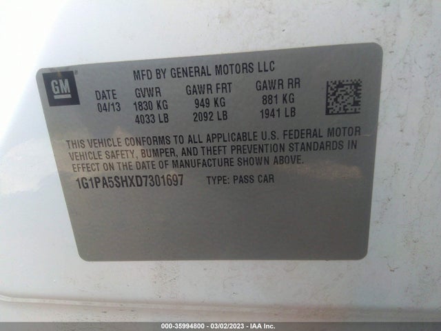 2013 CHEVROLET CRUZE LS VIN: 1G1PA5SHXD7301697