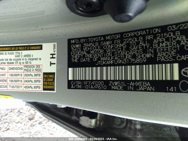 2022 Toyota Prius, VIN: JTDKAMFU9N3175859