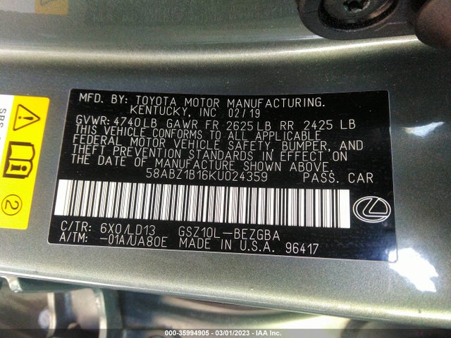 2019 LEXUS ES ES 350 VIN: 58ABZ1B16KU024359