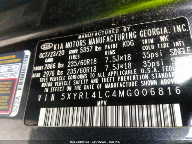 5XYRL4LC4MG006816 KIA SORENTO S