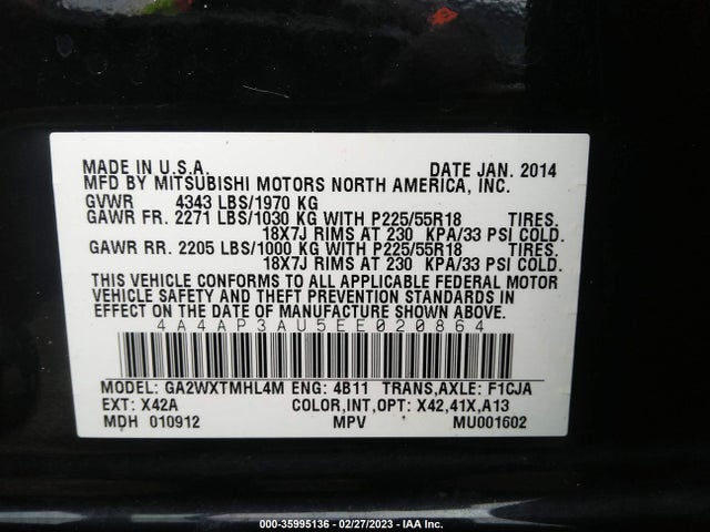 2014 MITSUBISHI OUTLANDER SPORT ES VIN: 4A4AP3AU5EE020864