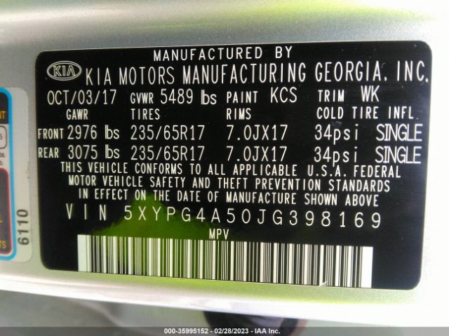 5XYPG4A50JG398169 KIA Sorento Lx V6