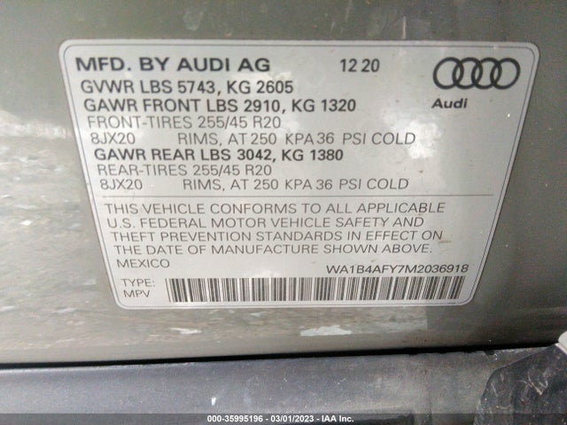 2021 AUDI SQ5 PREMIUM PLUS TFSI QUATTRO TIPTRONIC VIN: WA1B4AFY7M2036918
