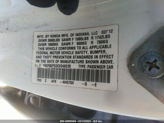 2012 HONDA CIVIC SDN LX VIN: 19XFB2F53CE048235