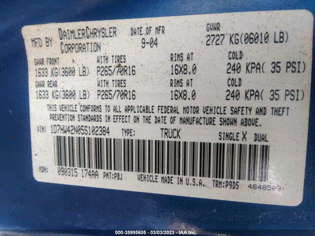 Dodge DAKOTA SLT 2005 1D7HW42N05S102384 Image 8