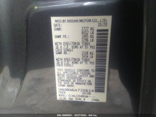Nissan Frontier Sv 2020 1N6ED0EA6LN720614 Image 10