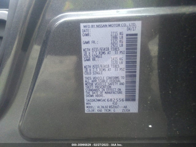 2017 NISSAN PATHFINDER S VIN: 5N1DR2MM5HC682556