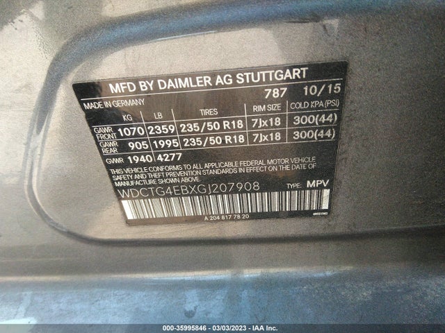 2016 Mercedes-Benz GLA-Class, VIN: WDCTG4EBXGJ207908