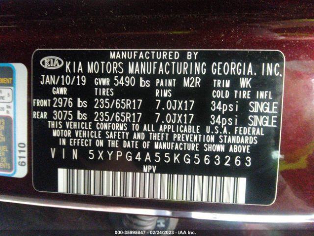 5XYPG4A55KG563263 KIA Sorento Lx V6