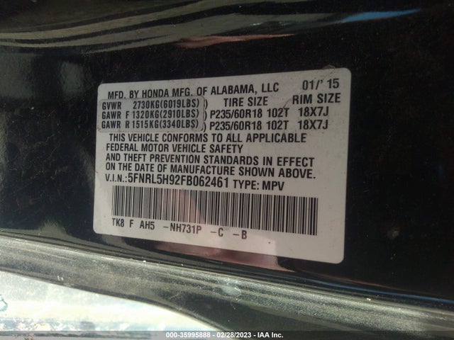 2015 HONDA ODYSSEY TOURING VIN: 5FNRL5H92FB062461