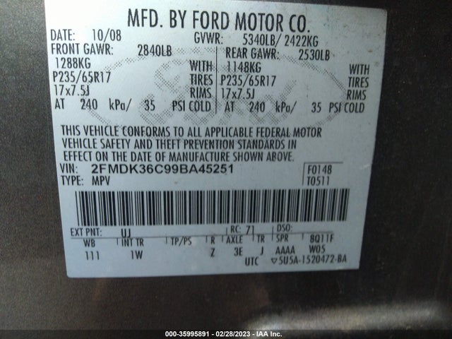 2009 FORD EDGE SE VIN: 2FMDK36C99BA45251