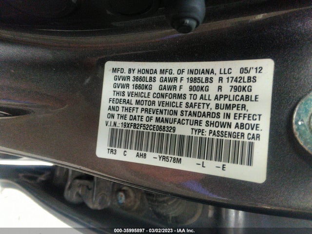 2012 HONDA CIVIC SDN LX VIN: 19XFB2F52CE068329