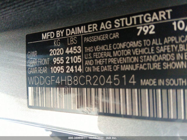 2012 MERCEDES-BENZ C-CLASS C 250 VIN: WDDGF4HB8CR204514