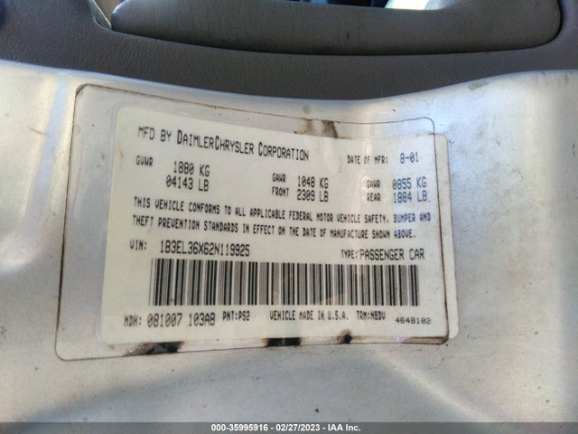 Dodge Stratus 2002 1B3EL36X62N119925 Image 10