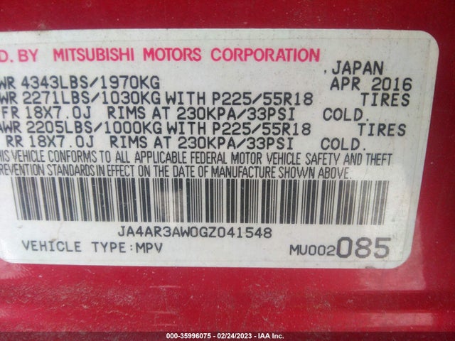2016 Mitsubishi Outlander, VIN: JA4AR3AW0GZ041548