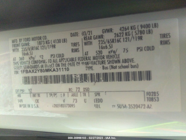 2021 Ford Transit, VIN: 1FBAX2Y80MKA31110