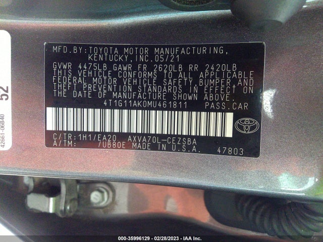 2021 Toyota Camry, VIN: 4T1G11AK0MU461811