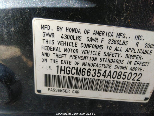 2004 HONDA ACCORD SDN LX VIN: 1HGCM66354A085022