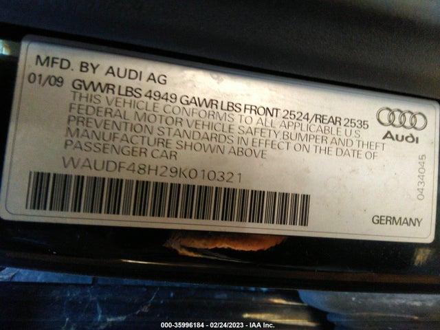 2009 AUDI A4 2.0T SPECIAL EDITION VIN: WAUDF48H29K010321