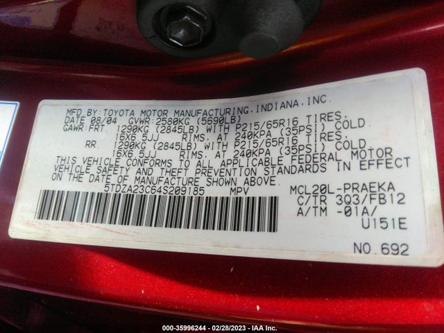 2004 TOYOTA SIENNA CE/LE VIN: 5TDZA23C64S209185