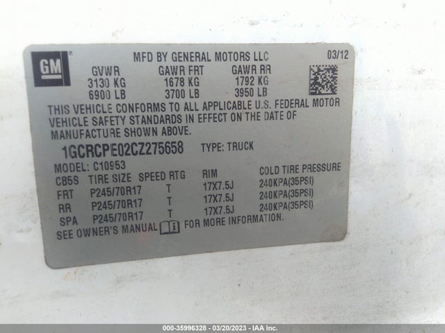 2012 CHEVROLET SILVERADO 1500 WORK TRUCK VIN: 1GCRCPE02CZ275658
