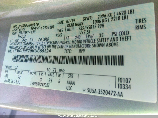 2019 FORD ESCAPE S VIN: 1FMCU0F79KUC55324