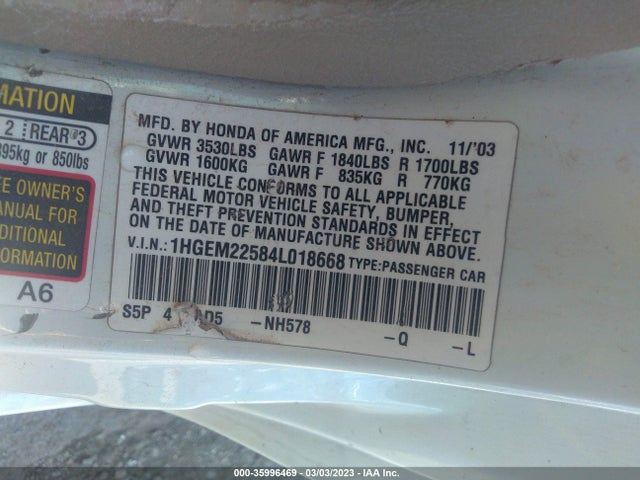 Honda Civic Lx 2004 1HGEM22584L018668 Image 10